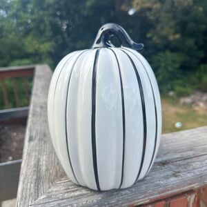 NEW 8" Halloween Ceramic Thin White & Black Striped Pumpkin by Place & Time
